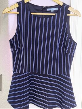 ANTONIO MELANI Navy and Light Blue Striped Peplum Tank